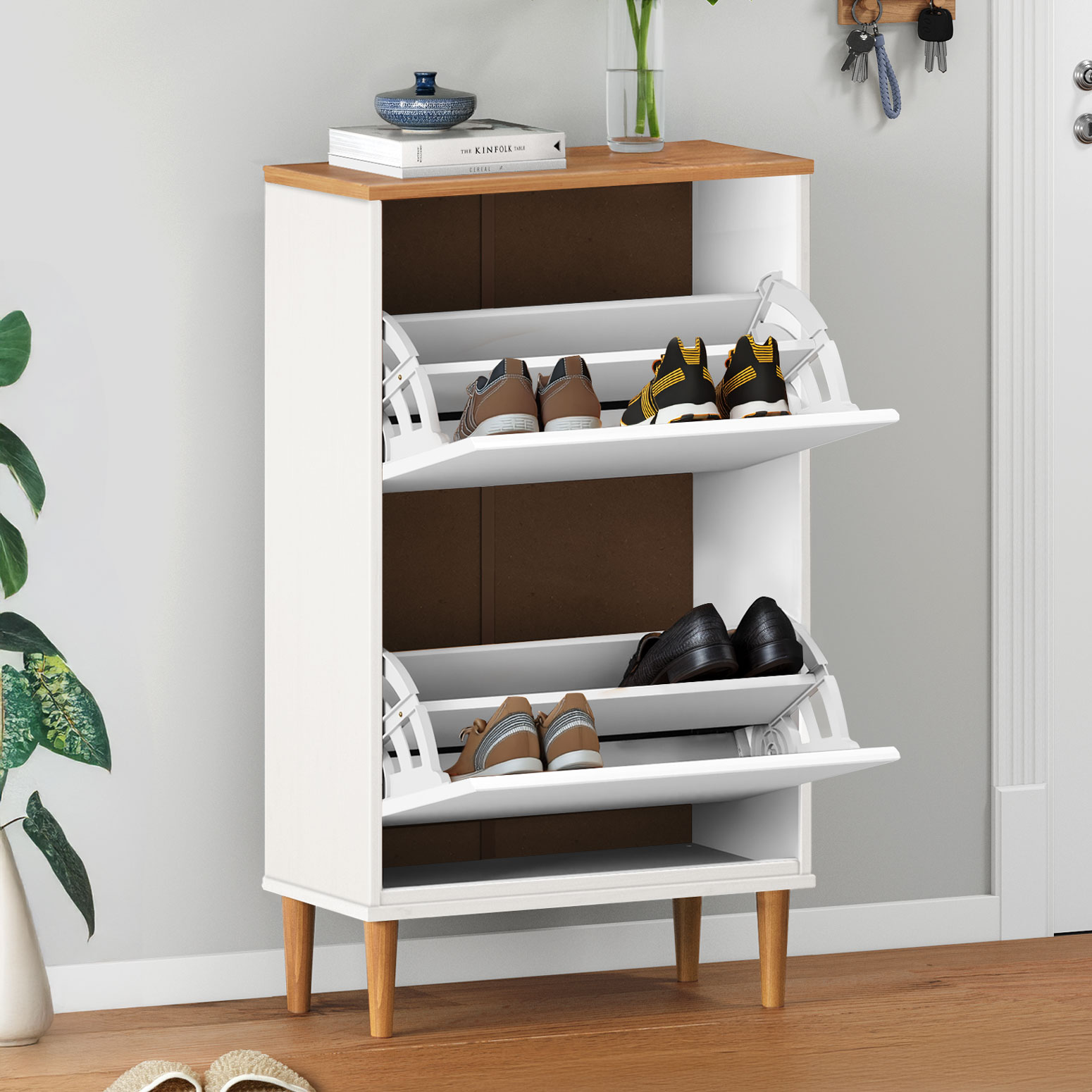 Sapateira Compacta Vertical 2 Portas Madeira 12 Pares Branco Freijó Mikka