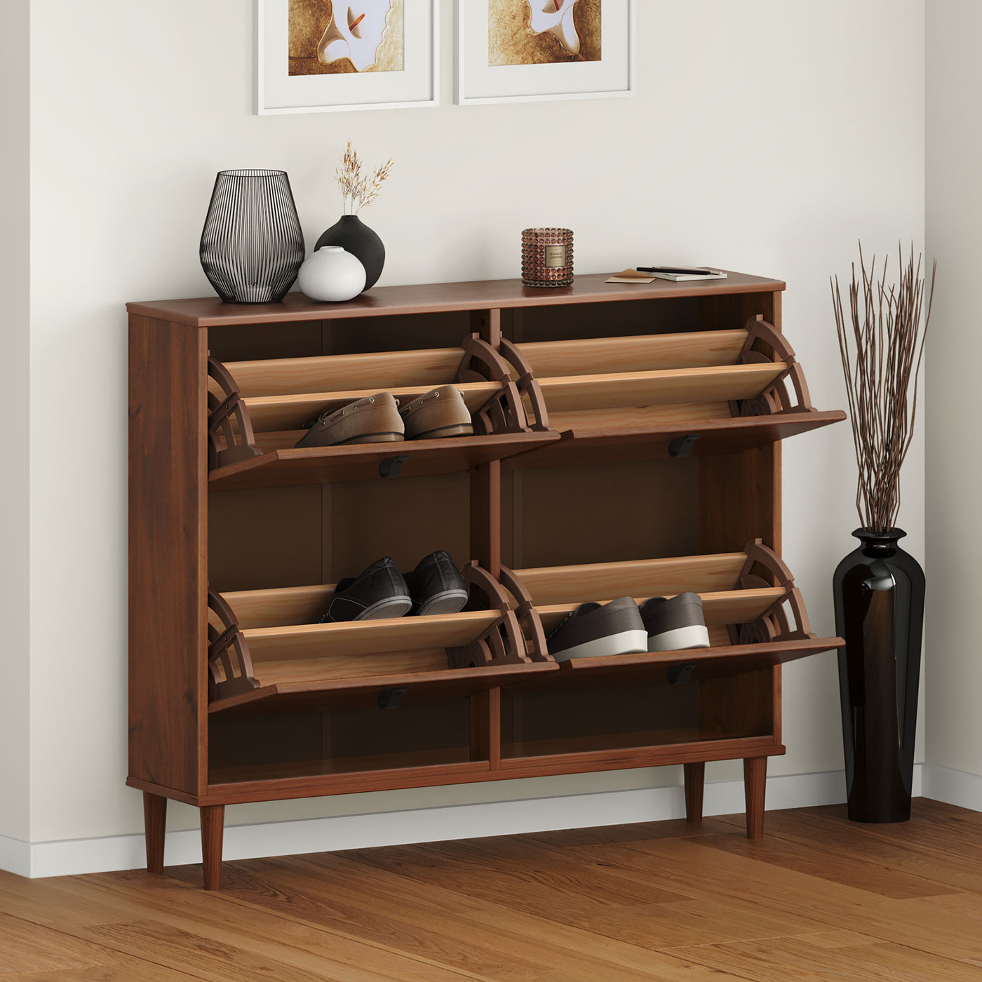 Sapateira Madeira Horizontal Organizadora 4 Portas Mikka Castanho