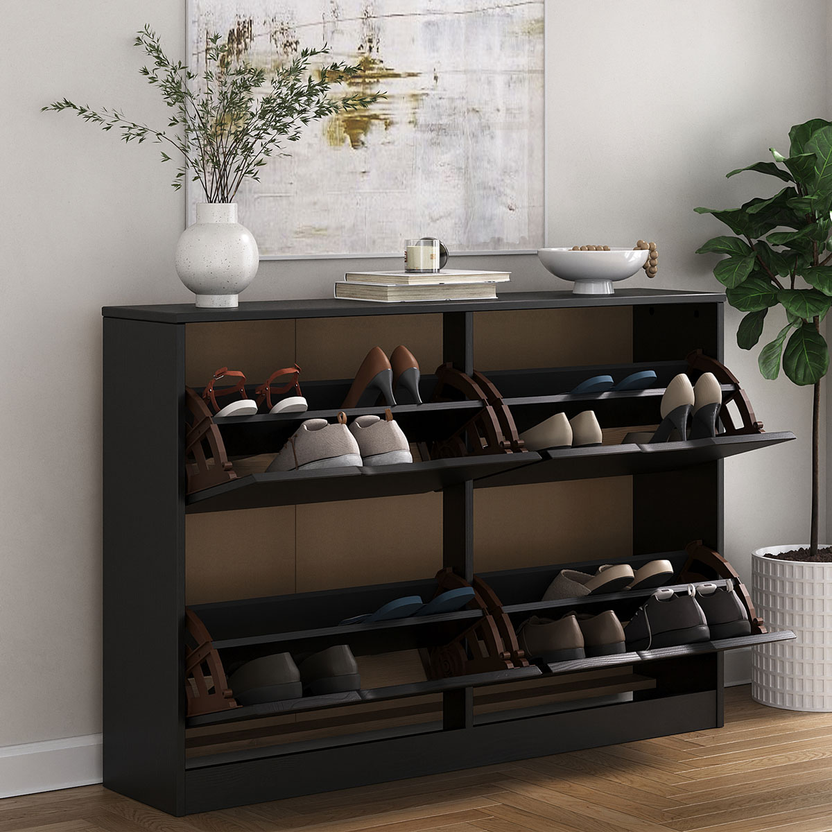 Sapateira Preta Horizontal Basculante Madeira 24 Pares Basil