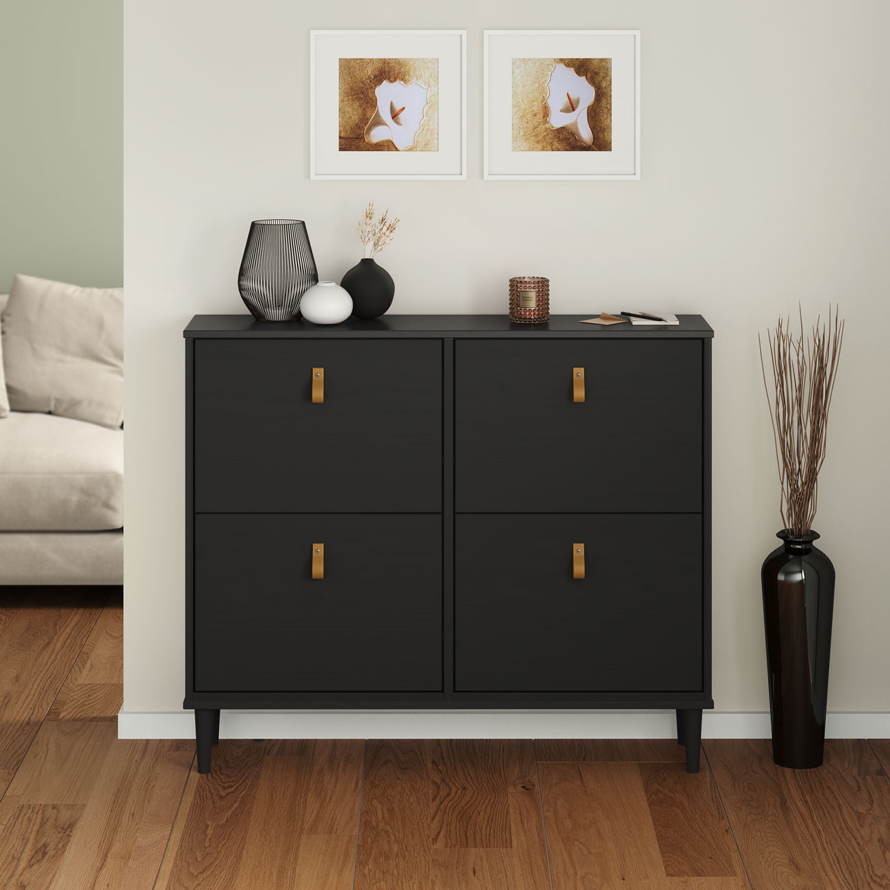 Sapateira Preta Madeira Horizontal Organizadora 4 Portas Mikka