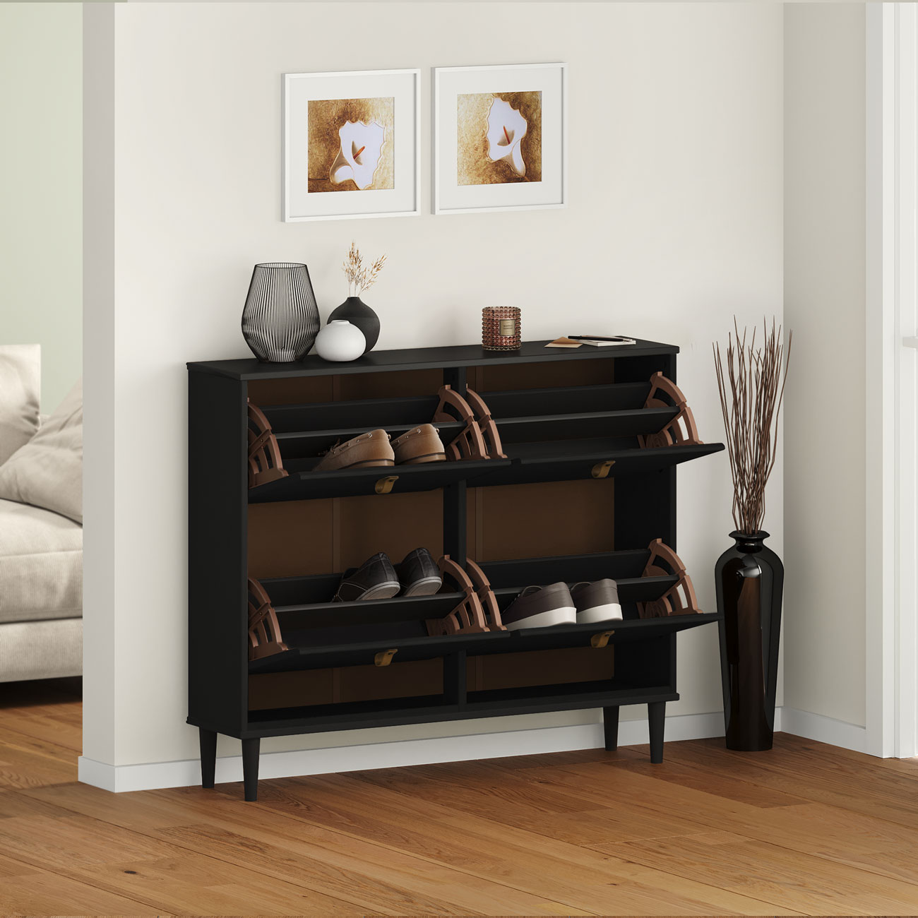 Sapateira Preta Madeira Horizontal Organizadora 4 Portas Mikka