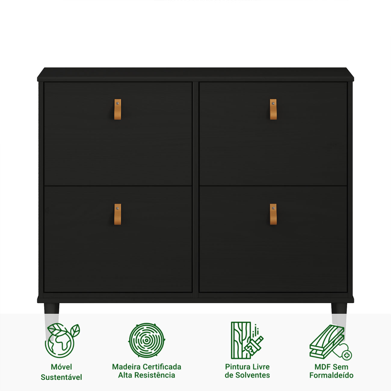 Sapateira Preta Madeira Horizontal Organizadora 4 Portas Mikka
