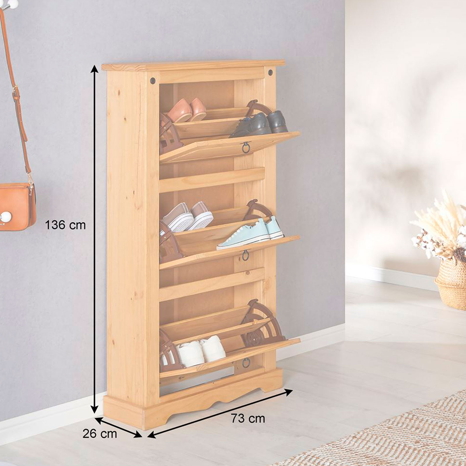 Sapateira Vertical Organizadora Madeira 3 Portas 15 Pares Rustico