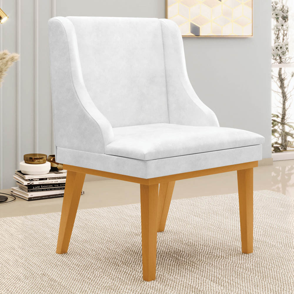 Cadeira Estofada Sala de Jantar Base Fixa de Madeira Castanho Lia Sintético Premium Branco - Ibiza