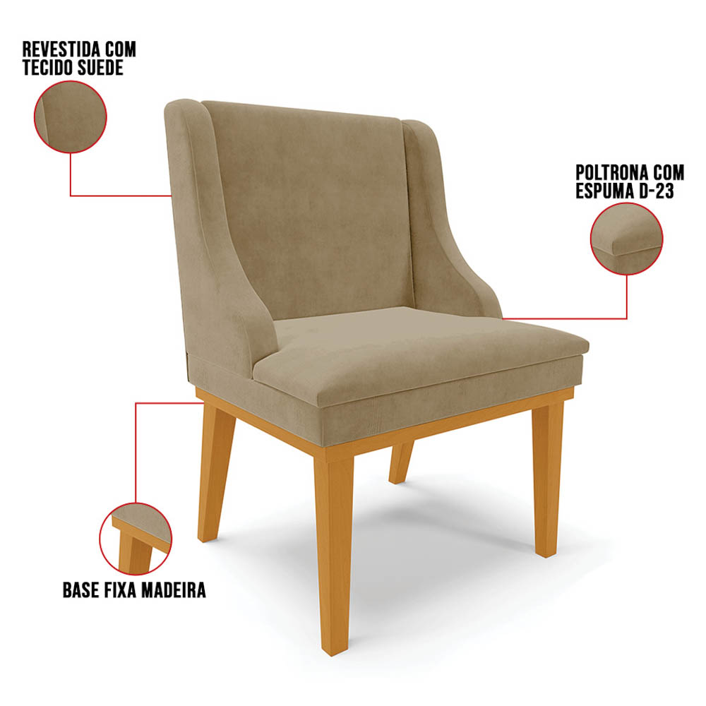 Cadeira Estofada para Sala de Jantar Base Fixa de Madeira Castanho Lia Suede Marrom RT - Ibiza