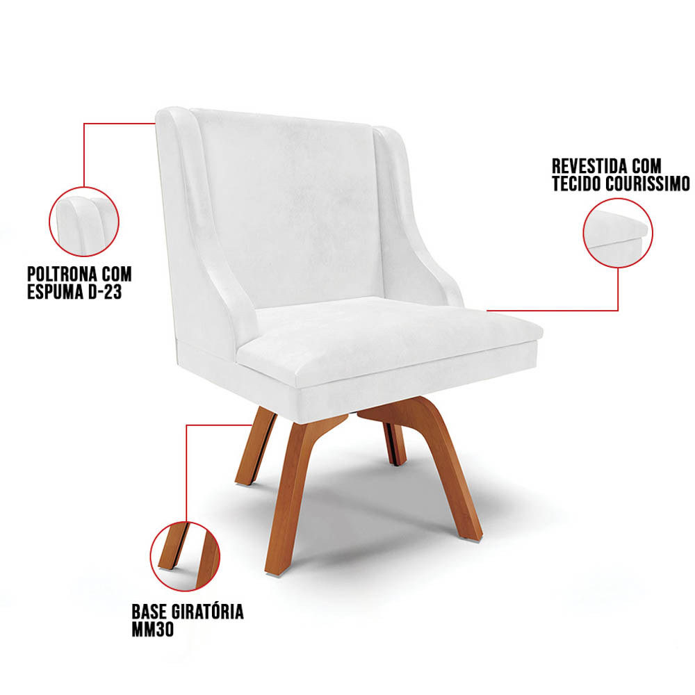 Cadeira Estofada para Sala de Jantar Base Giratória de Madeira Lia Sintético Premium Branco - Ibiza