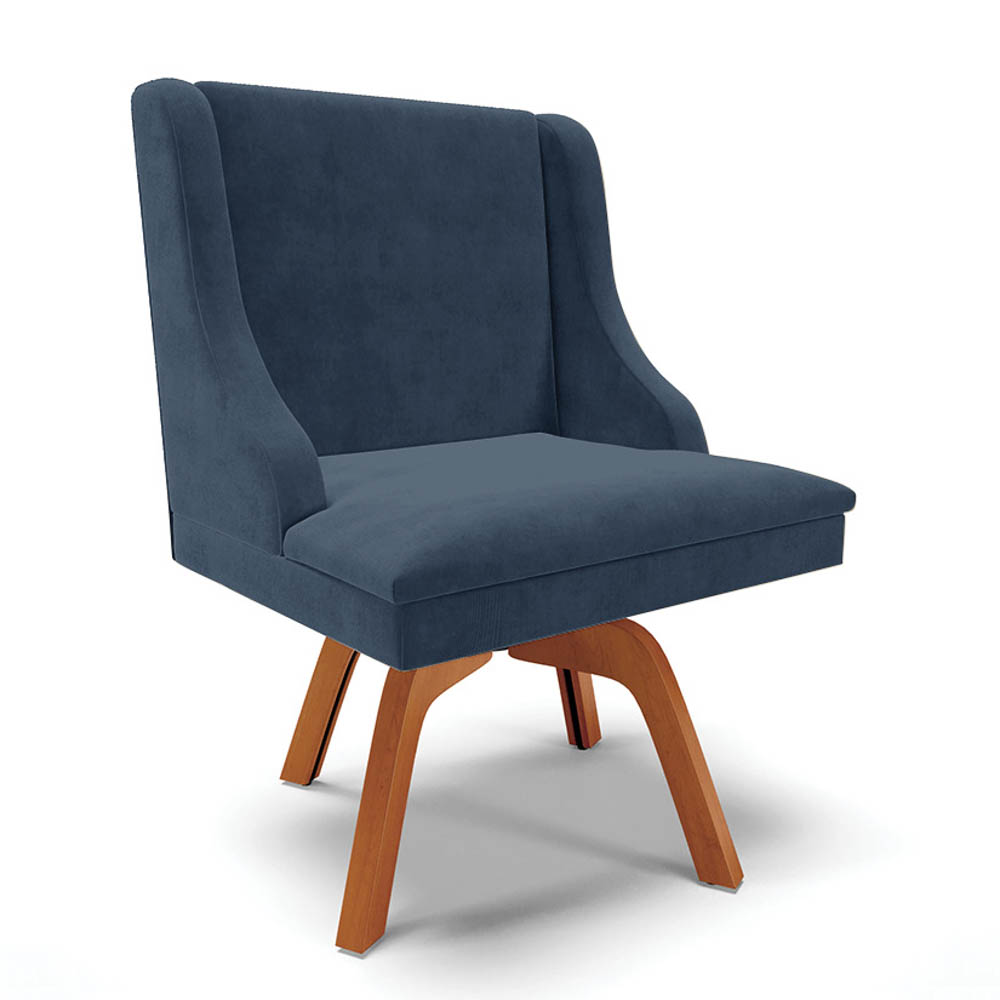 Cadeira Estofada para Sala de Jantar Base Giratória de Madeira Lia Suede Azul Marinho - Ibiza