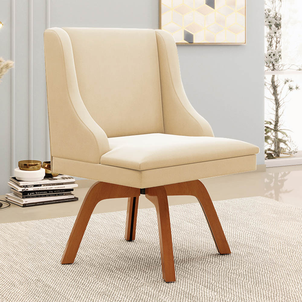 Cadeira Estofada para Sala de Jantar Base Giratória de Madeira Lia Suede Bege - Ibiza