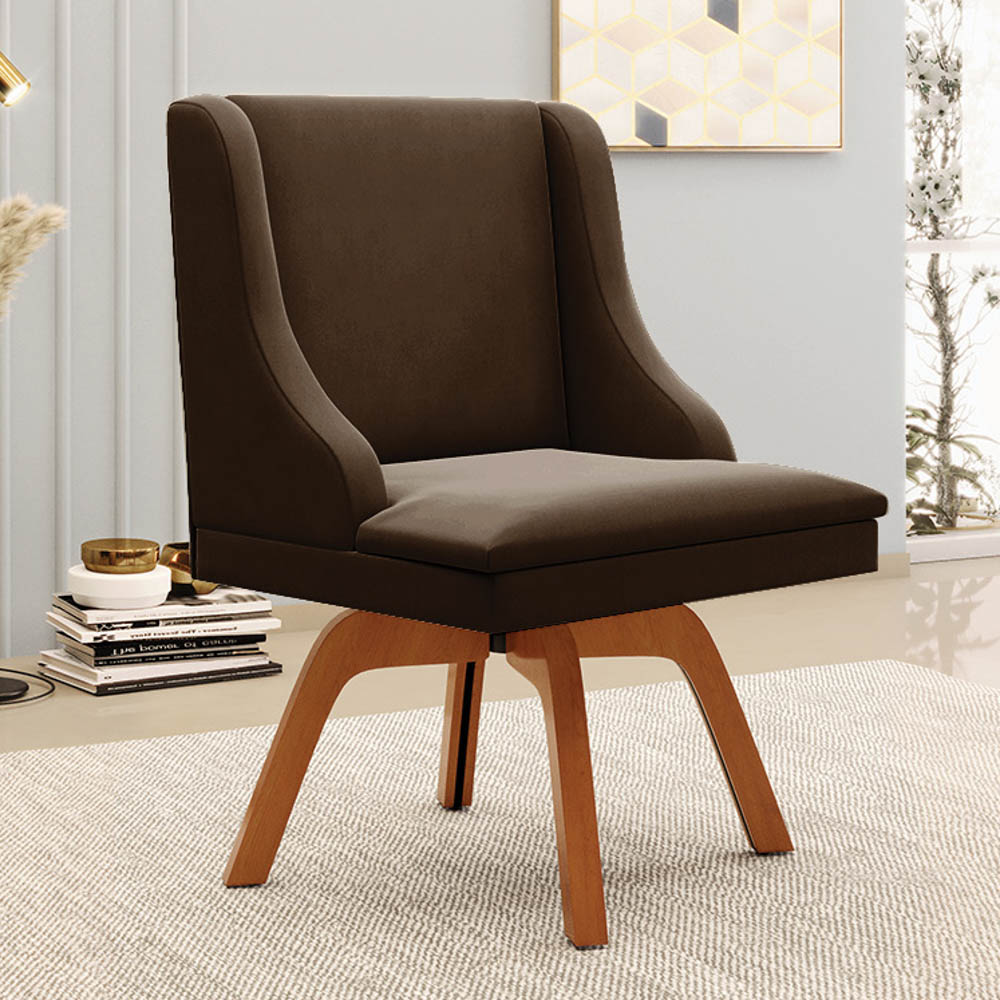 Cadeira Estofada para Sala de Jantar Base Giratória de Madeira Lia Suede Marrom - Ibiza