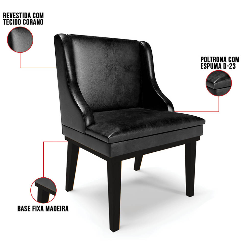 Kit 10 Cadeiras Estofadas Base Fixa de Madeira Preto Lia Sintético Premium Preto - Ibiza