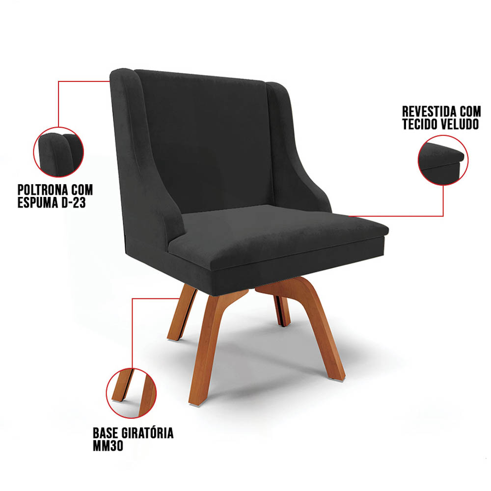 Kit 10 Cadeiras Estofadas Base Giratória de Madeira Lia Veludo Preto - Ibiza