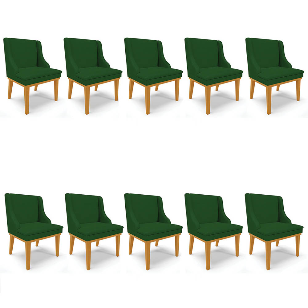 Kit 10 Cadeiras Estofadas para Sala de Jantar Base Fixa de Madeira Castanho Lia Veludo Verde - Ibiza