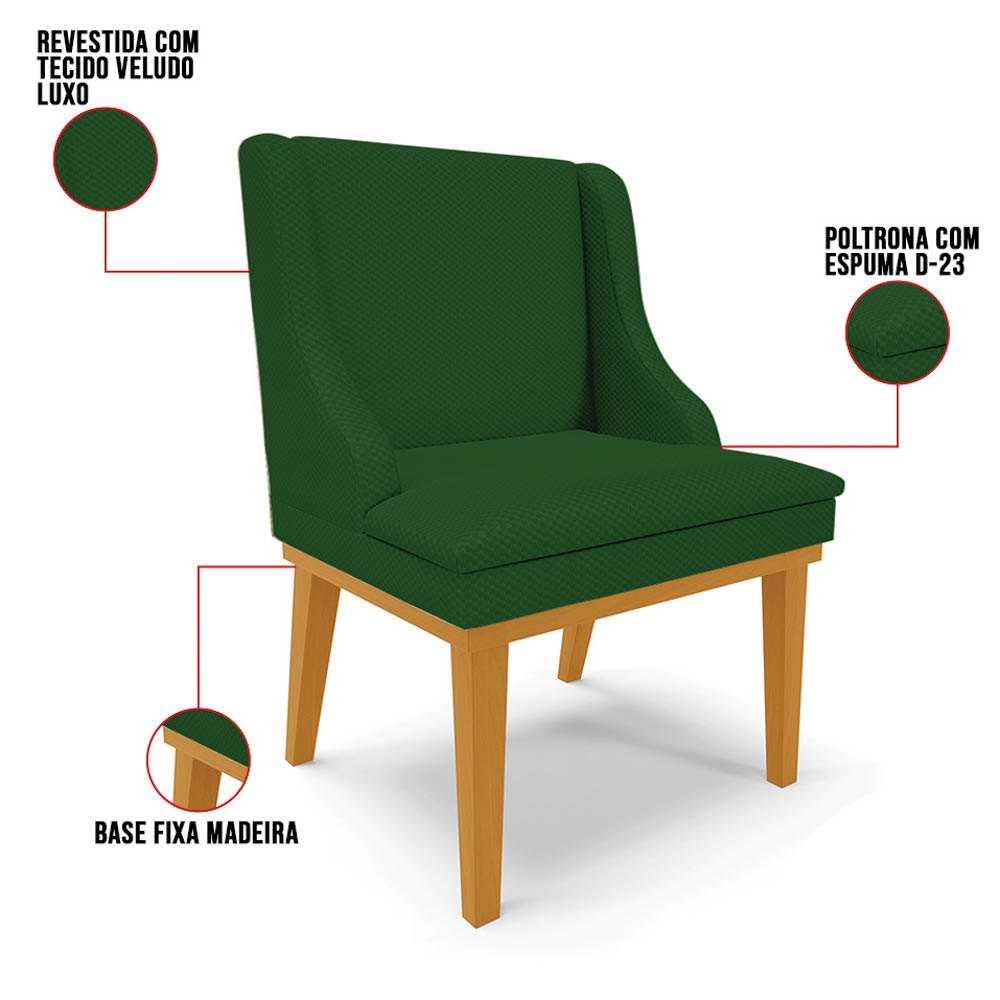 Kit 10 Cadeiras Estofadas para Sala de Jantar Base Fixa de Madeira Castanho Lia Veludo Verde - Ibiza
