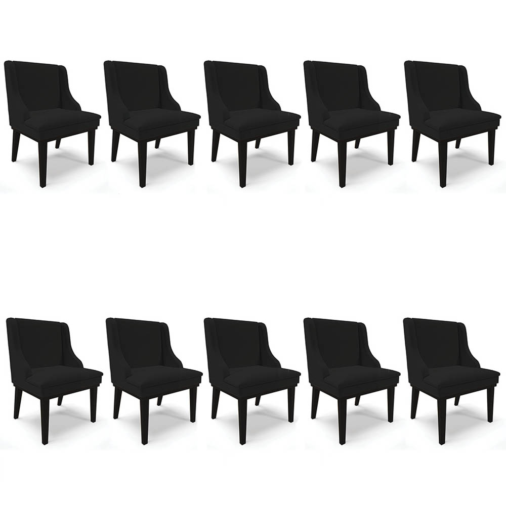 Kit 10 Cadeiras Estofadas para Sala de Jantar Base Fixa de Madeira Preto Lia Linho Preto - Ibiza