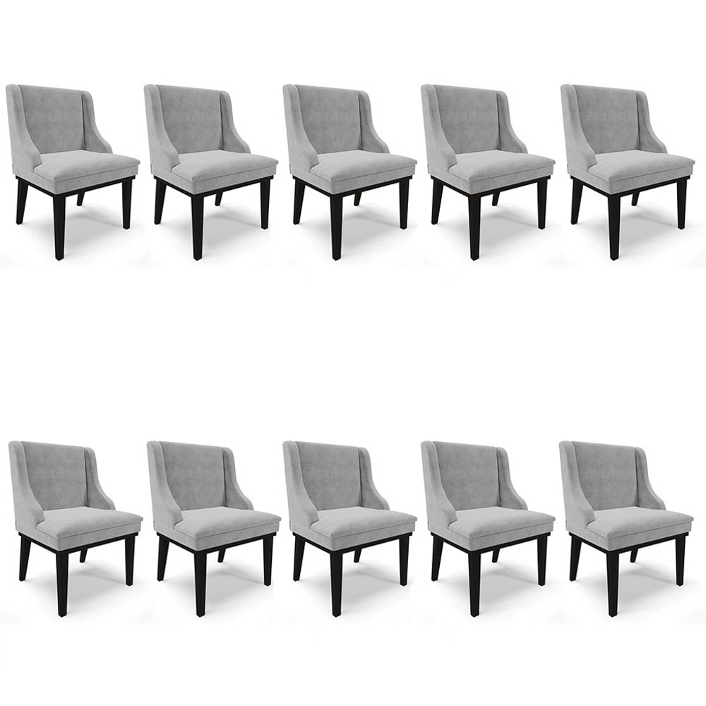 Kit 10 Cadeiras Estofadas para Sala de Jantar Base Fixa de Madeira Preto Lia Suede Cinza - Ibiza