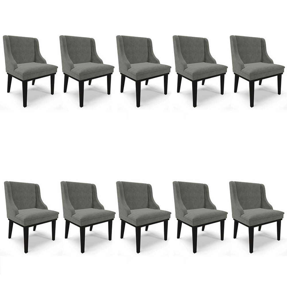 Kit 10 Cadeiras Estofadas para Sala de Jantar Base Fixa de Madeira Preto Lia Suede Grafite - Ibiza