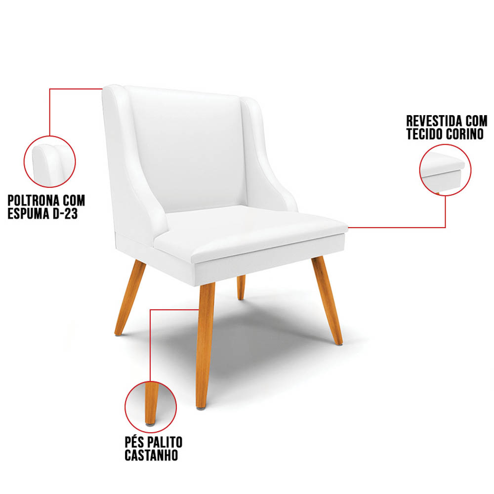 Kit 10 Cadeiras Estofadas para Sala de Jantar Pés Palito Lia Sintético Branco - Ibiza