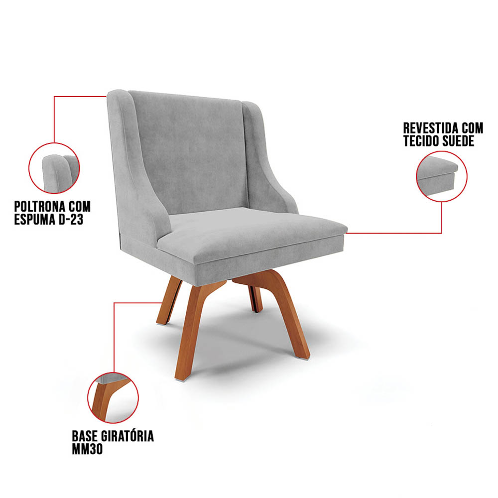 Kit 2 Cadeiras Estofadas Base Giratória de Madeira Lia Suede Cinza - Ibiza