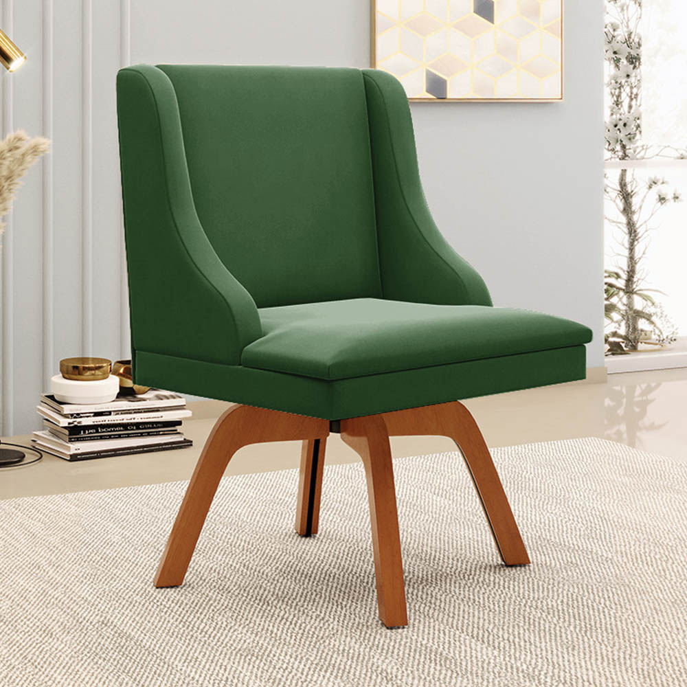 Kit 2 Cadeiras Estofadas Base Giratória de Madeira Lia Suede Verde - Ibiza