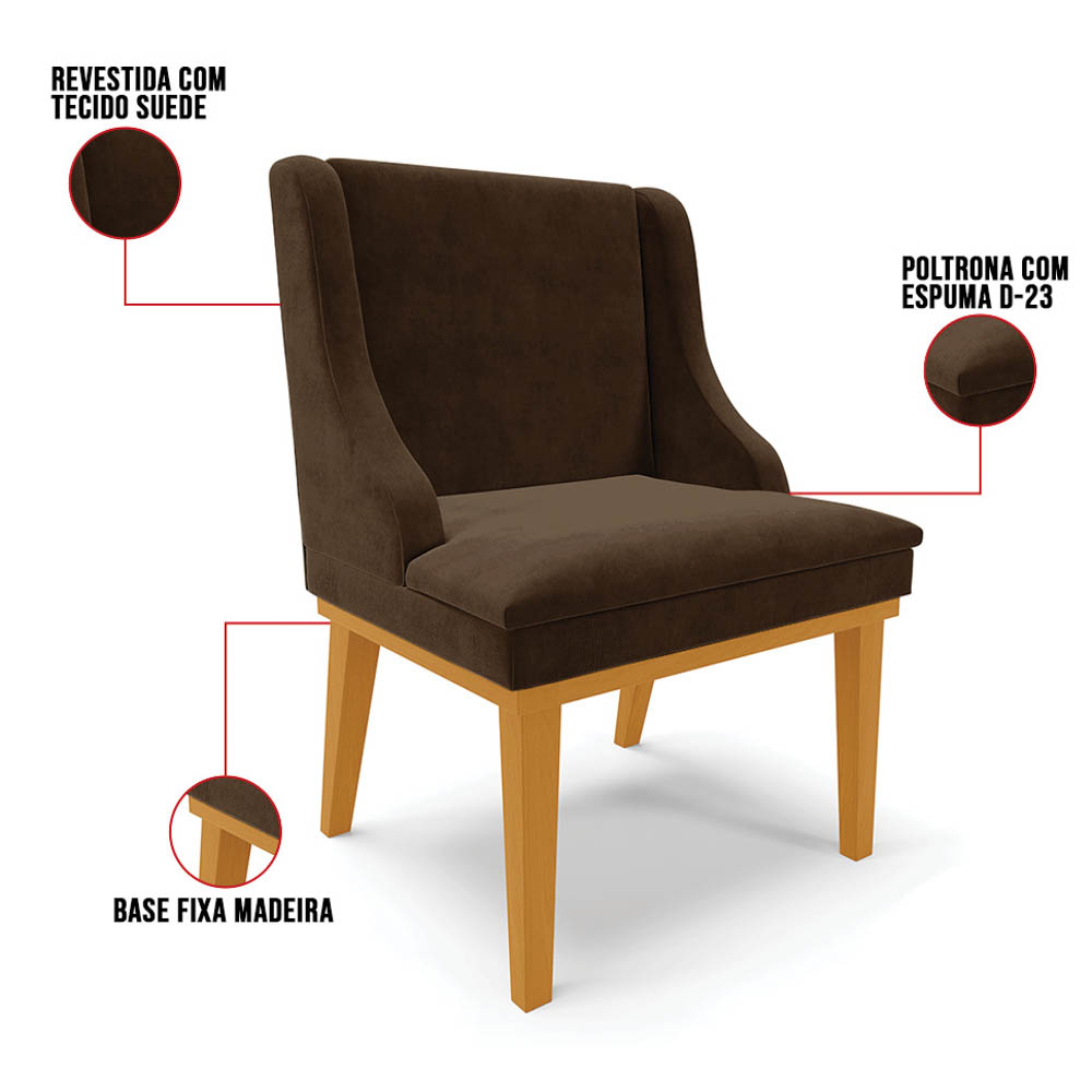 Kit 2 Cadeiras Estofadas para Sala de Jantar Base Fixa de Madeira Castanho Lia Suede Marrom - Ibiza