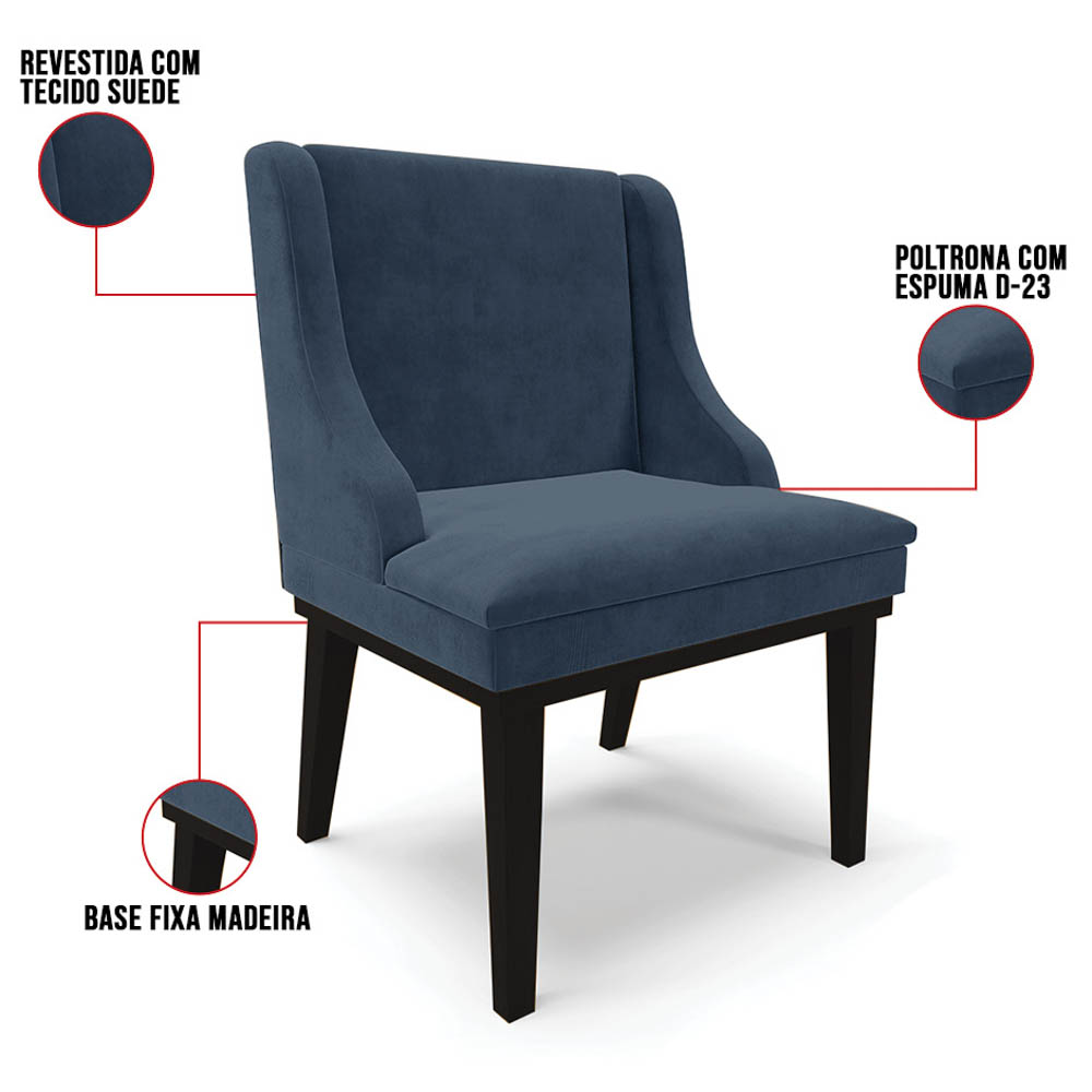 Kit 2 Cadeiras Estofadas para Sala de Jantar Base Fixa de Madeira Preto Lia Suede Azul Marinho - Ibiza