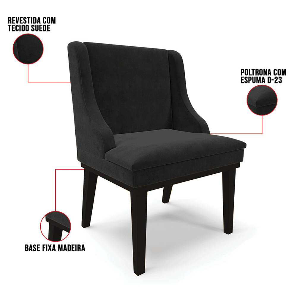 Kit 2 Cadeiras Estofadas para Sala de Jantar Base Fixa de Madeira Preto Lia Suede Preto - Ibiza