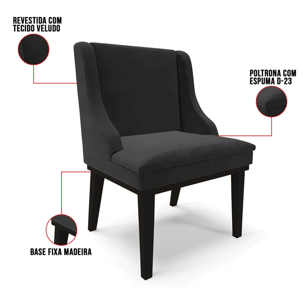 Kit 2 Cadeiras Estofadas para Sala de Jantar Base Fixa de Madeira Preto Lia Veludo Preto - Ibiza