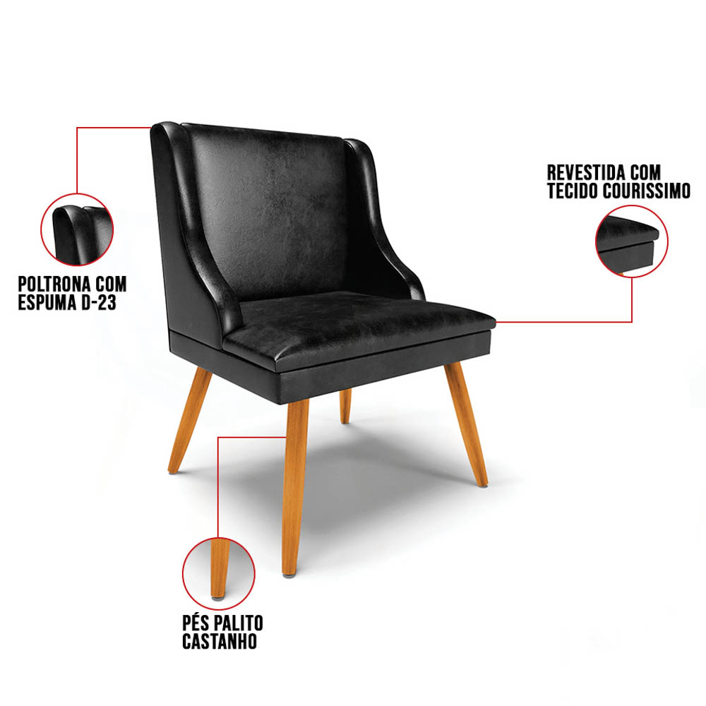 Kit 2 Cadeiras Estofadas para Sala de Jantar Pés Palito Lia Sintético Premium Preto - Ibiza