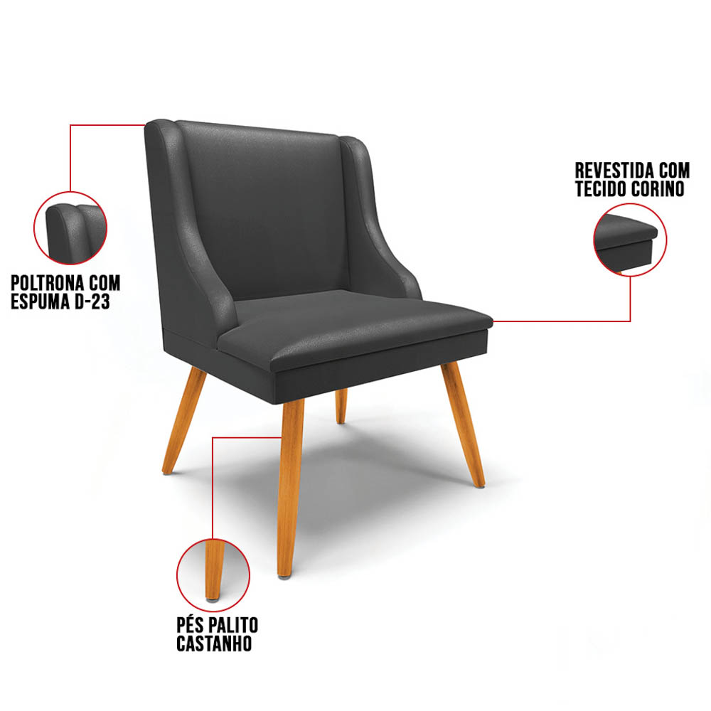 Kit 2 Cadeiras Estofadas para Sala de Jantar Pés Palito Lia Sintético Preto - Ibiza