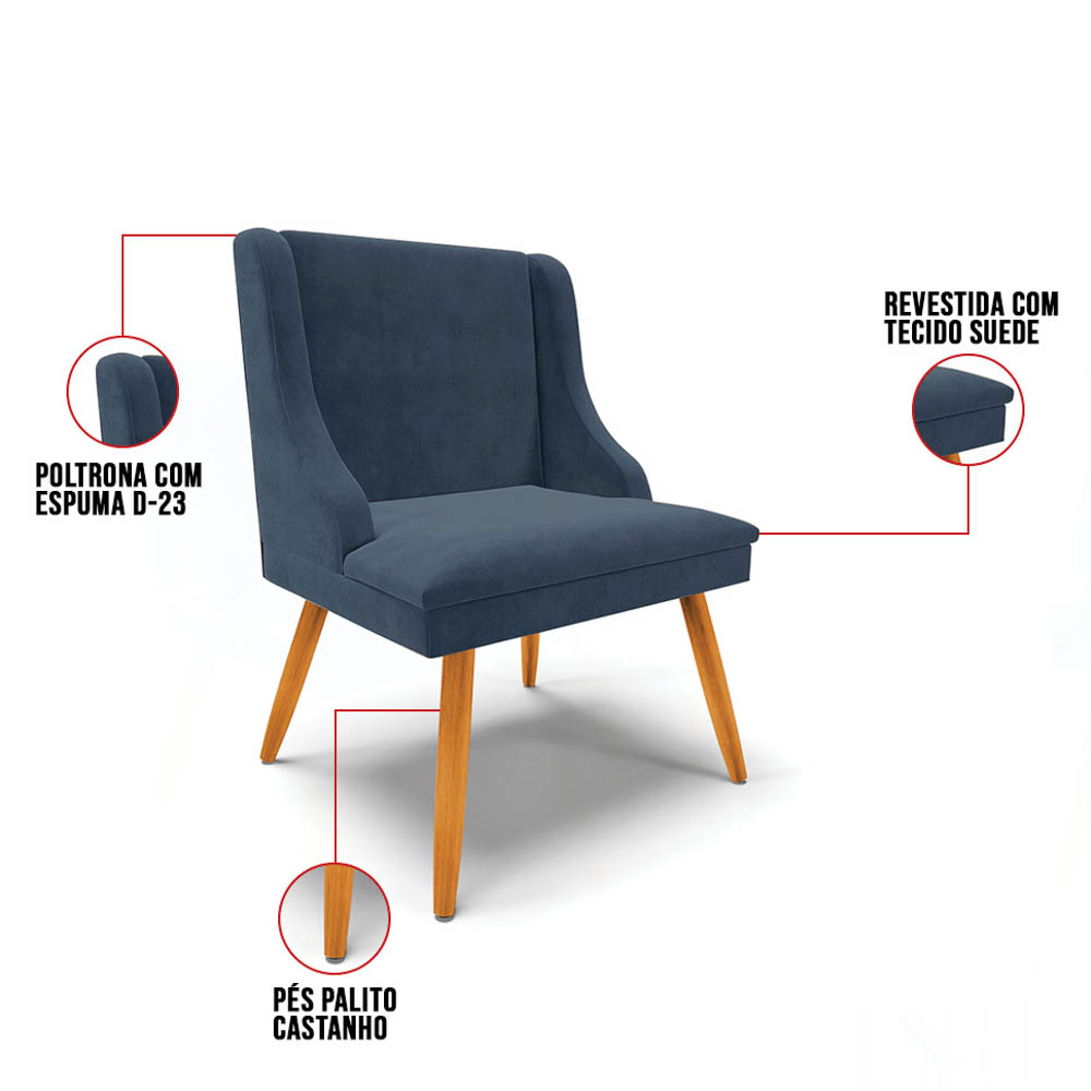 Kit 2 Cadeiras Estofadas para Sala de Jantar Pés Palito Lia Suede Azul Marinho - Ibiza