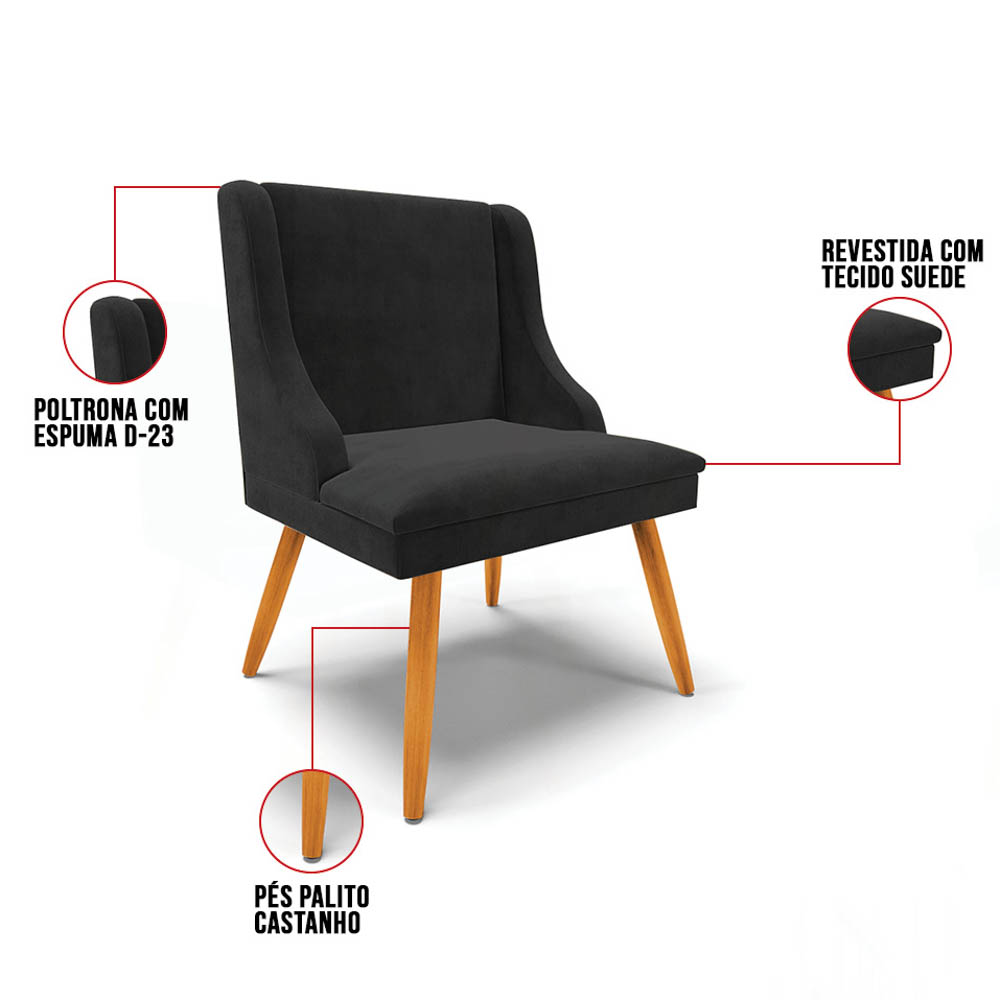 Kit 2 Cadeiras Estofadas para Sala de Jantar Pés Palito Lia Suede Preto - Ibiza