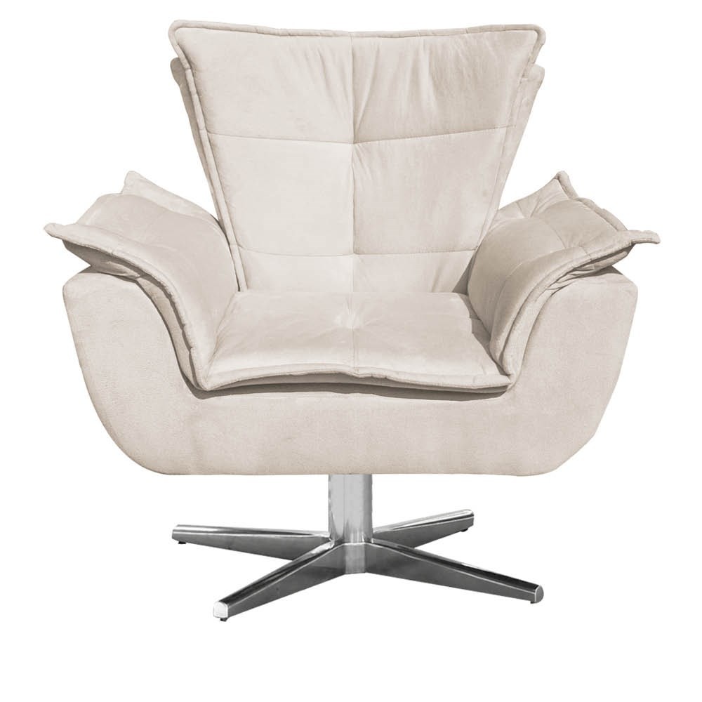 Kit 2 Poltronas Decorativas Base Giratória Cromada com Puff Opla Suede Bege - Ibiza