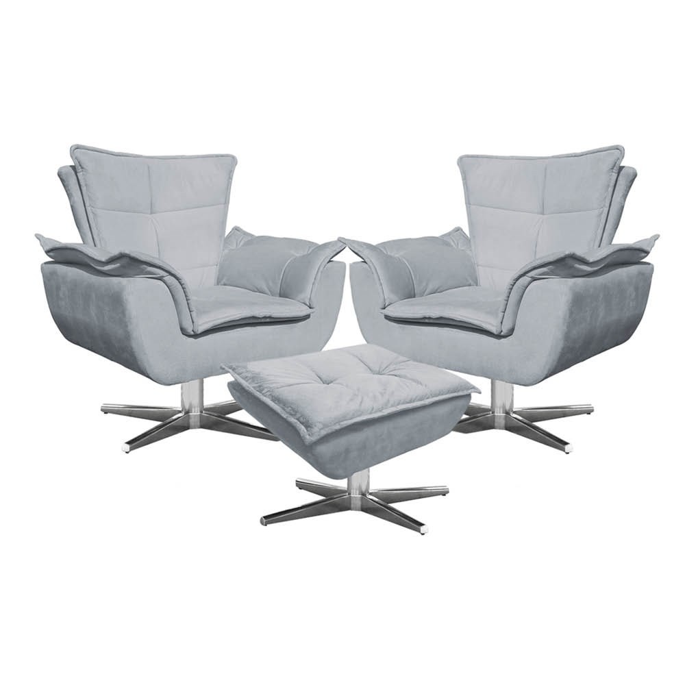 Kit 2 Poltronas Decorativas Base Giratória Cromada com Puff Opla Suede Cinza - Ibiza