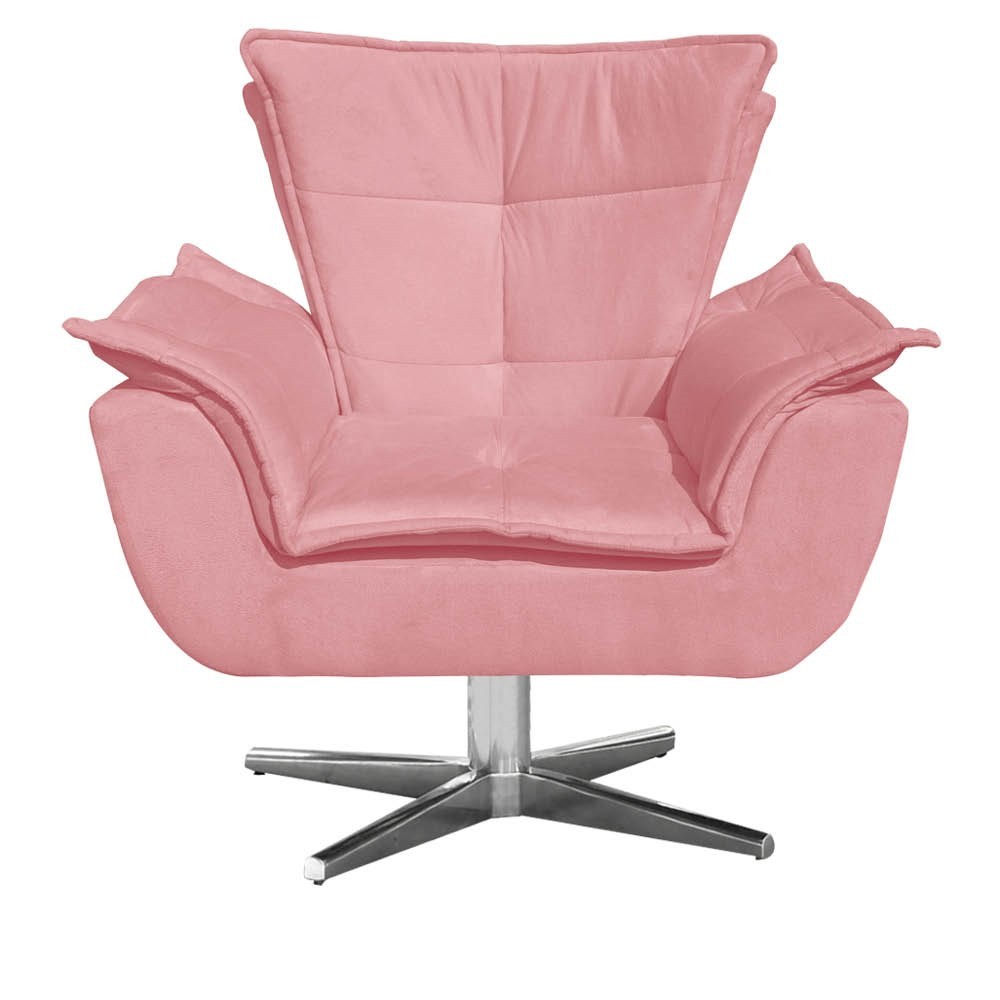 Kit 2 Poltronas Decorativas Base Giratória Cromada com Puff Opla Suede Rose - Ibiza