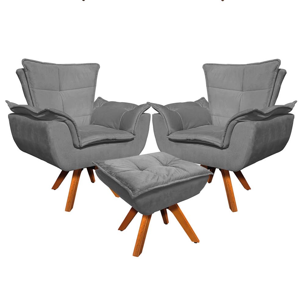 Kit 2 Poltronas Decorativas Base Giratória Giromad com Puff Opla Suede Grafite - Ibiza