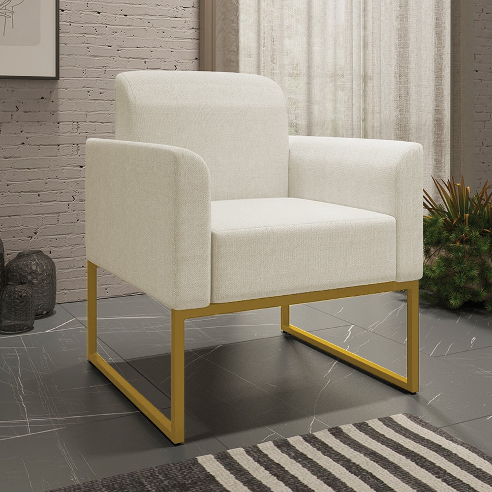 Kit 2 Poltronas Decorativas Base Industrial Dourada Maressa A19 Linho Grosso Bege - Ibiza