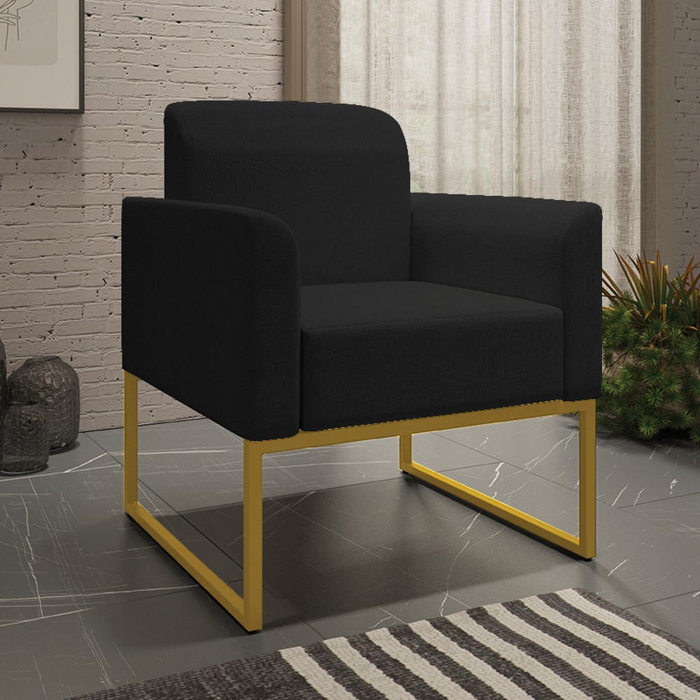 Kit 2 Poltronas Decorativas Base Industrial Dourada Maressa A79 Linho Preto - Ibiza