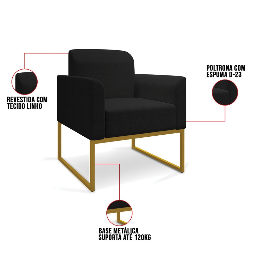 Kit 2 Poltronas Decorativas Base Industrial Dourada Maressa A79 Linho Preto - Ibiza