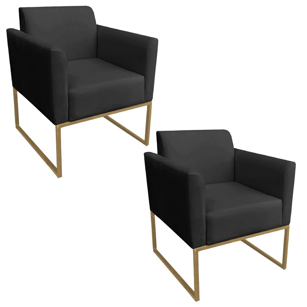 Kit 2 Poltronas Decorativas Base Industrial Dourada Maressa S07 Suede Preto - Ibiza