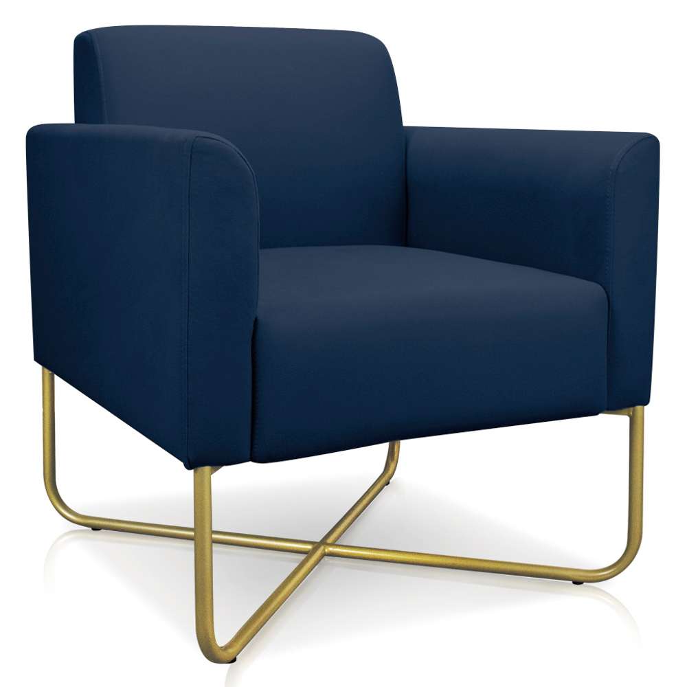 Kit 2 Poltronas Decorativas Base Industrial X Dourada Maressa S01 Suede Azul Marinho - Ibiza