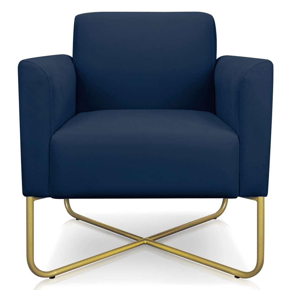 Kit 2 Poltronas Decorativas Base Industrial X Dourada Maressa S01 Suede Azul Marinho - Ibiza