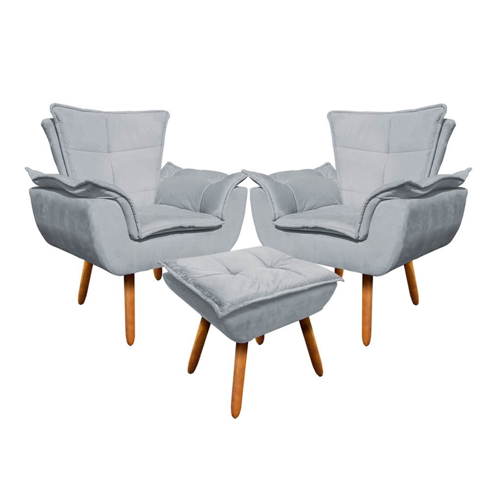 Kit 2 Poltronas Decorativas Pés Palito com Puff Opla Suede Cinza - Ibiza
