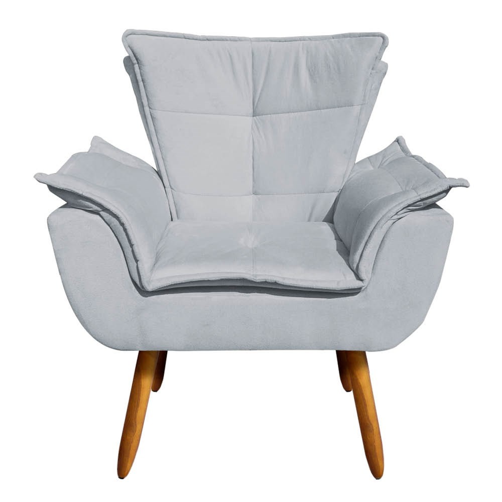 Kit 2 Poltronas Decorativas Pés Palito com Puff Opla Suede Cinza - Ibiza
