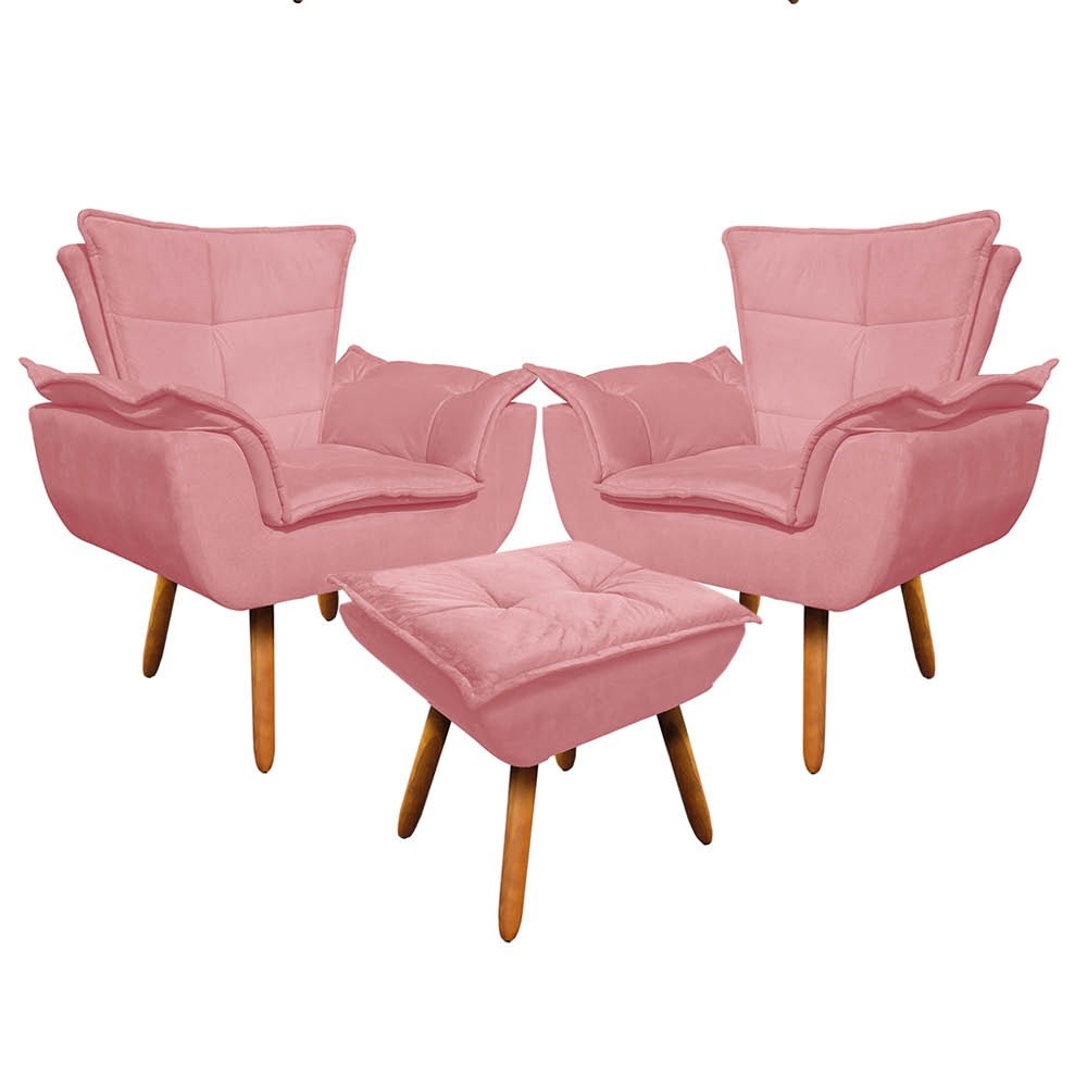 Kit 2 Poltronas Decorativas Pés Palito com Puff Opla Suede Rose - Ibiza