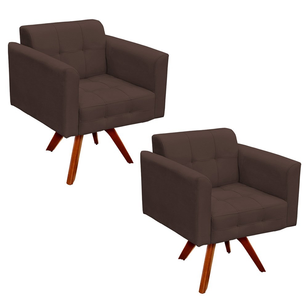 Kit 2 Poltronas Decorativas Sala de Estar Base Madeira Giratória Ana Suede Marrom - Ibiza