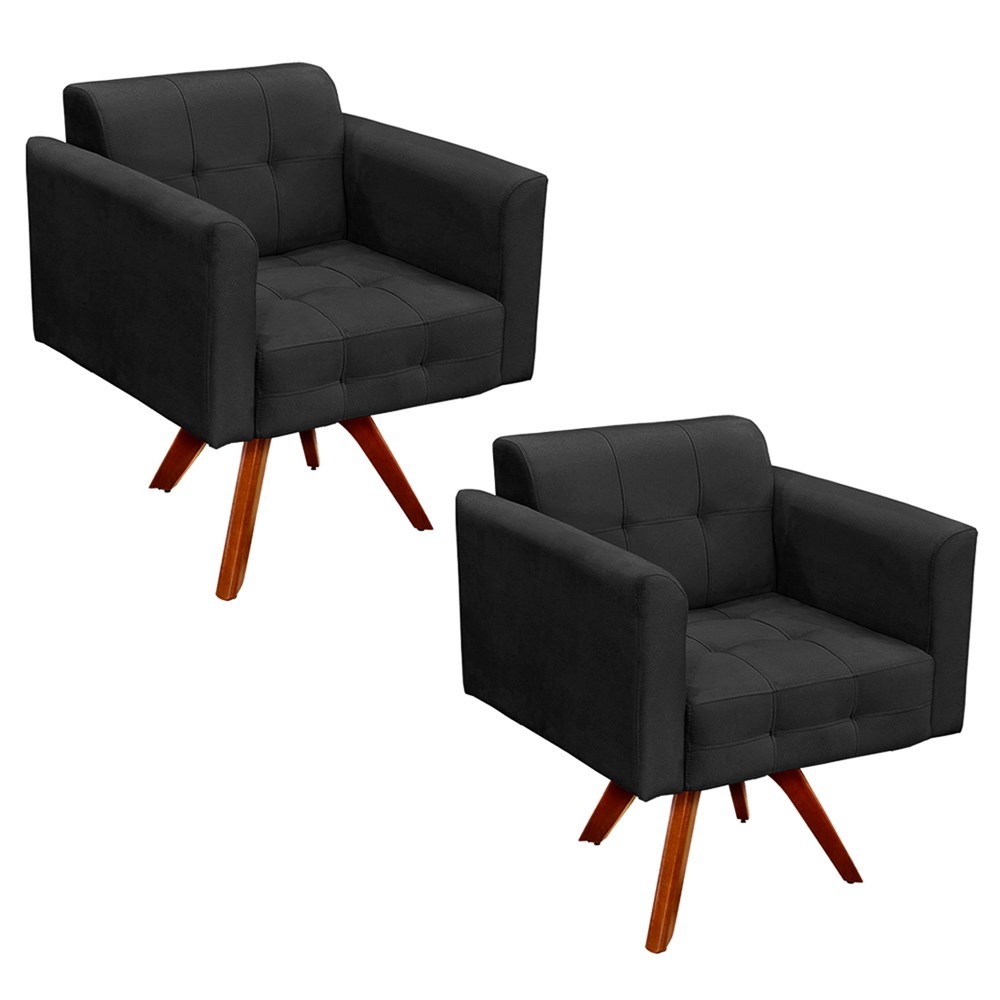 Kit 2 Poltronas Decorativas Sala de Estar Base Madeira Giratória Ana Suede Preto - Ibiza