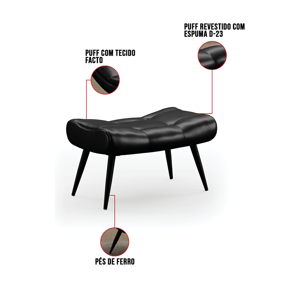 Kit 2 Puffs Decorativos Para Sala de Estar Pés Palito Lord Facto Preto - Ibiza