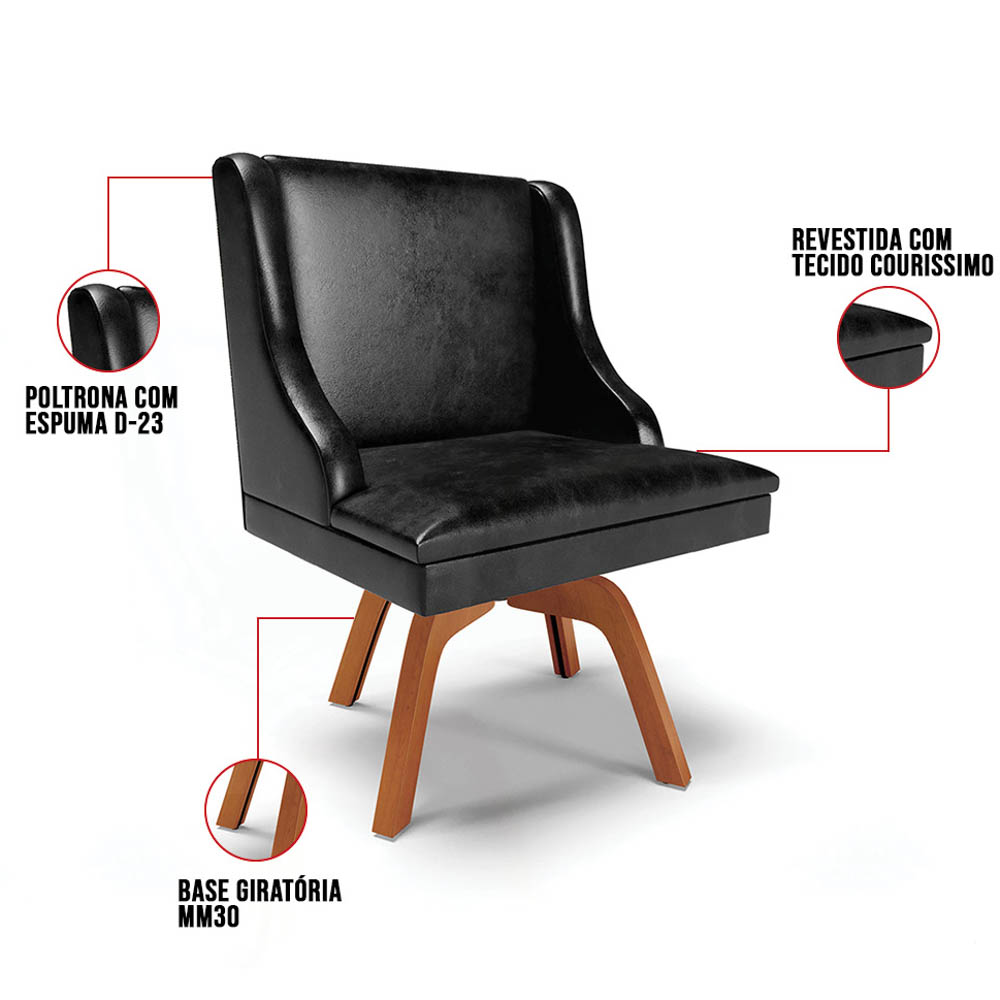 Kit 4 Cadeiras Estofadas Base Giratória de Madeira Lia Sintético Premium Preto - Ibiza
