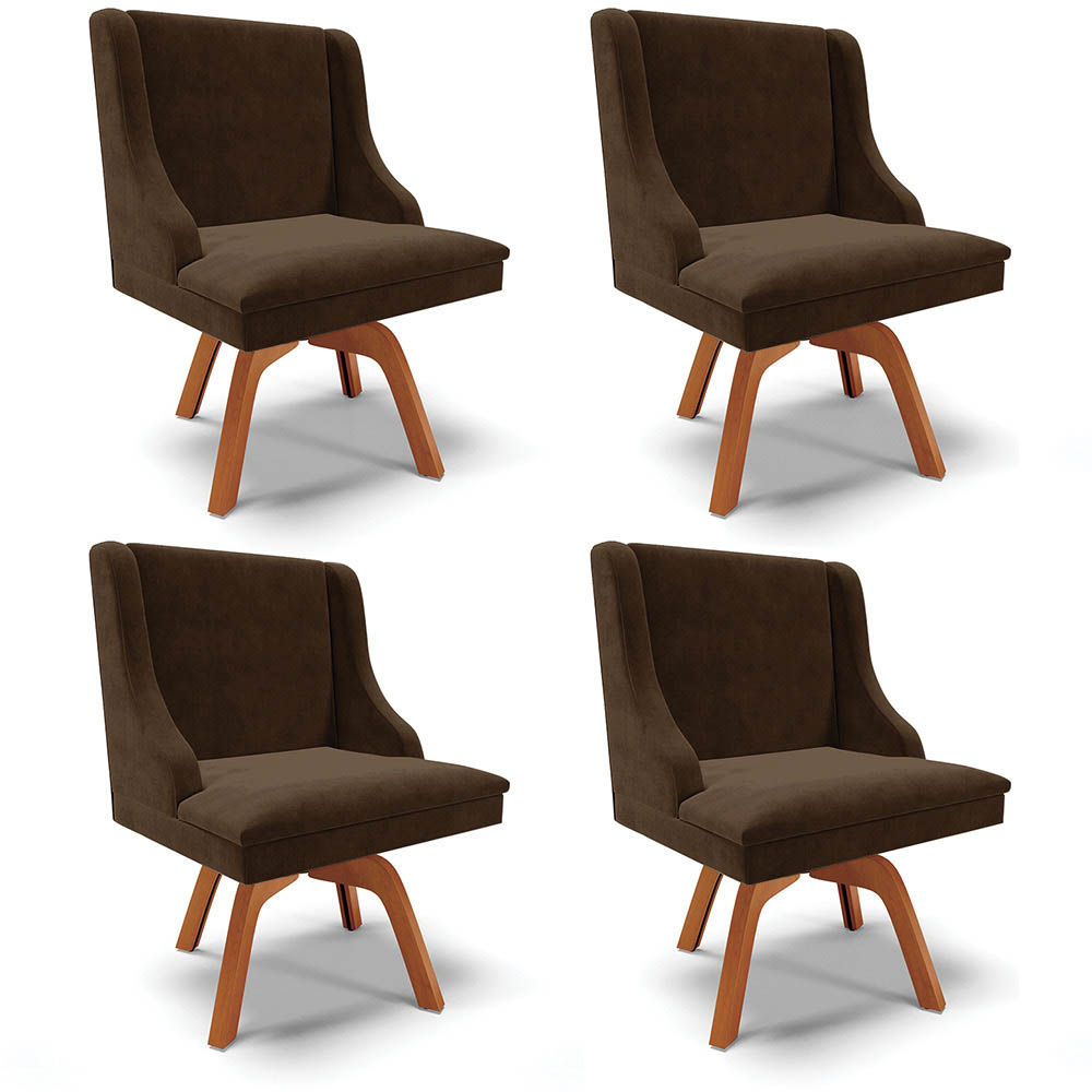 Kit 4 Cadeiras Estofadas Base Giratória de Madeira Lia Suede Marrom - Ibiza