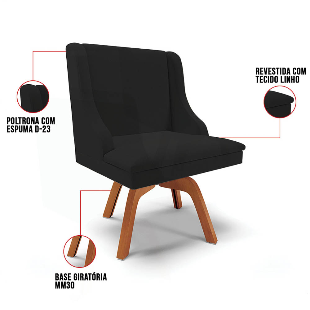 Kit 4 Cadeiras Estofadas Giratória para Sala de Jantar Lia Linho Preto - Ibiza